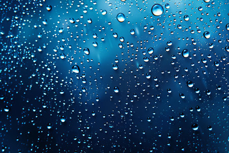 Water drops on glass with blue background. Abstract water drops texture.