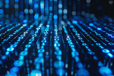 Blue binary code on a dark background. 3d rendering toned image