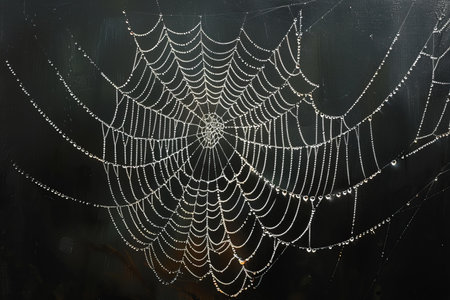 Spider web with dew drops on a black background. Close-up.