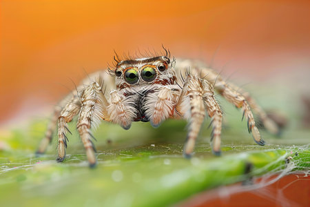 jumping spider on green leaf in nature or in the garden.
