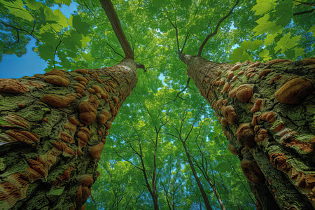 forest trees view from below into the sky. nature green wood sunlight backgrounds