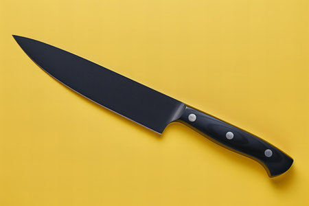 Black kitchen knife on yellow background. Top view with copy space.
