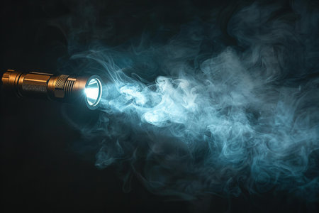 Digital composite of Flashlight with smoke and blue light against black backgroundの写真素材