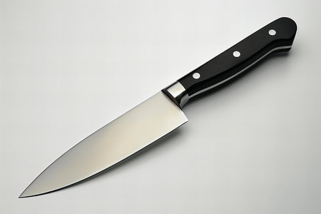 Kitchen knife with black handle on a white background, close-up