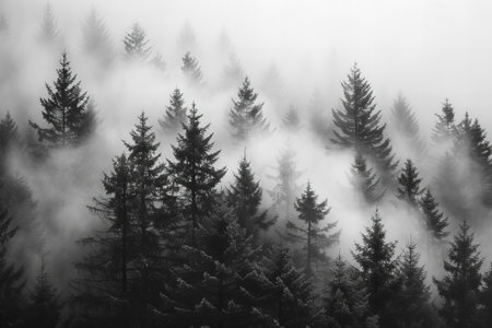 Foggy forest in the mountains. Black and white photo.
