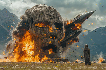 Fantasy scene of a woman and a flying spaceship in the sky