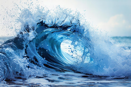 Big wave breaking on beach. Blue ocean wave with splashes.