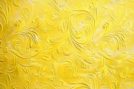 Texture of a yellow painted wall with floral pattern. Yellow background.の写真素材