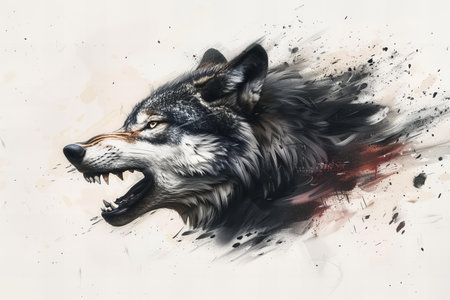 Portrait of a wolf howling at the camera. Digital painting.