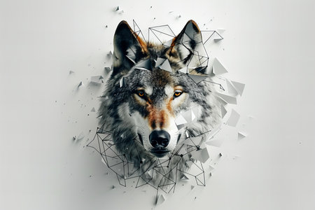 Collage of wolf with polygonal shapes on white background. Mixed media