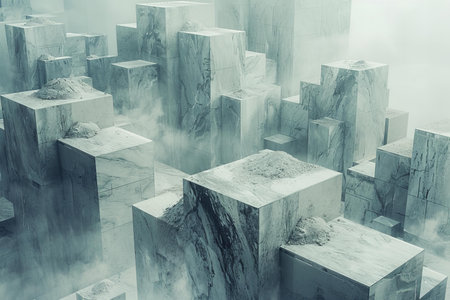 Concrete blocks with smoke and fog in the background. Toned.