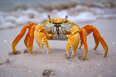 Close-up of a yellow crab on the sandy beach by the sea