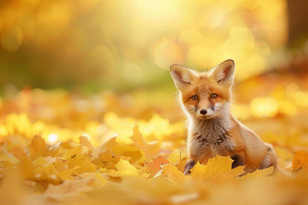 Red fox sitting in autumn leaves. Beautiful young wild animal in nature.