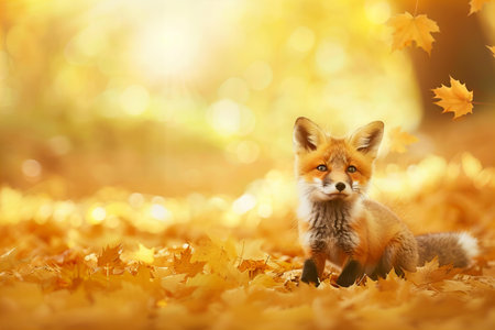 Cute fox in autumn park on sunny day. Animal in nature