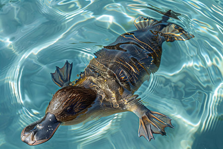 Close-up of a platypus swimming in the water.