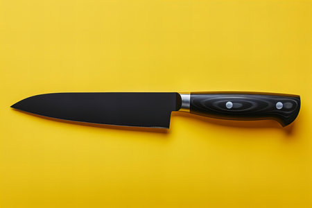 Black kitchen knife on yellow background. Top view. Copy space.の写真素材
