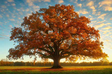 Autumn oak tree in the meadow at sunset. Nature composition.の写真素材