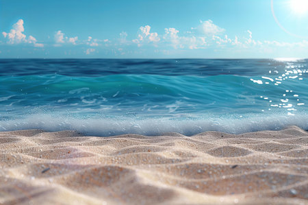 beautiful sandy beach on the background of the sea and blue sky