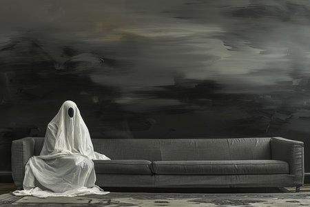 3D rendering of a figure sitting on a sofa in a dark room