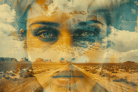 Double exposure of woman face and road in desert. Collage.の写真素材