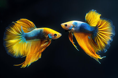 Capture the moving moment of yellow siamese fighting fish isolated on black background. betta fish.の写真素材
