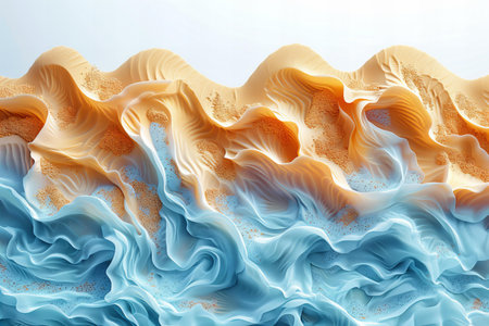 3d rendering of abstract wavy background with blue and orange layersの写真素材
