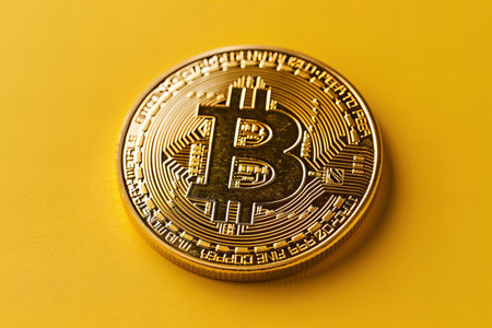Golden bitcoin on a yellow background. Cryptocurrency concept. Close up.の写真素材