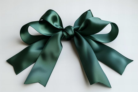 Green satin bow on white background, top view. Space for text