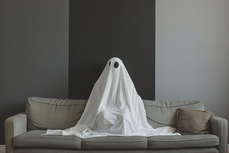 Halloween ghost with white cloth on grey sofa in modern living roomの写真素材