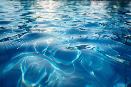 Close up of water surface with sun reflection. Blue water background.の写真素材