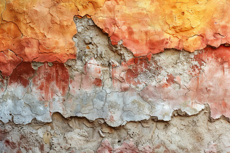 Texture of old rustic wall covered with yellow and red stucco