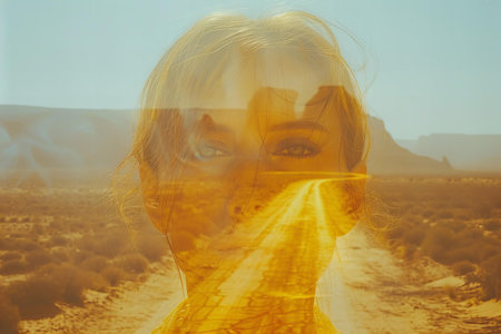 Double exposure of a beautiful woman with long blond hair and makeup in the desert