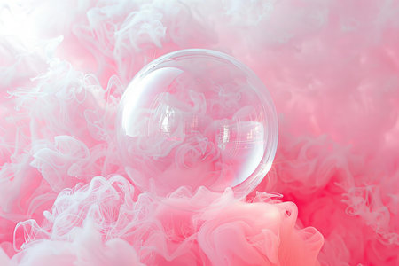 Transparent soap bubble on the background of a beautiful pink tulle