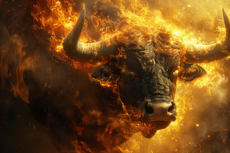 Bull head in fire flames. Wild animal concept. 3d renderingの写真素材