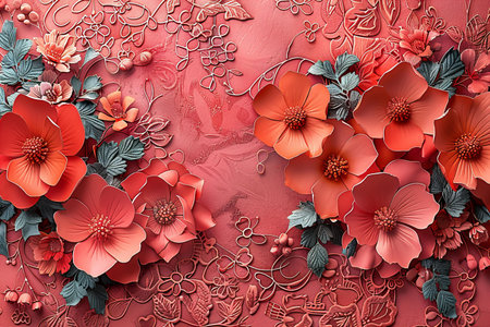 3d illustration, red flowers and floral pattern on a pink background