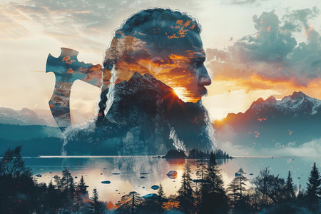 Digital composite of Portrait of lumberjack with axe against mountains and lakeの写真素材