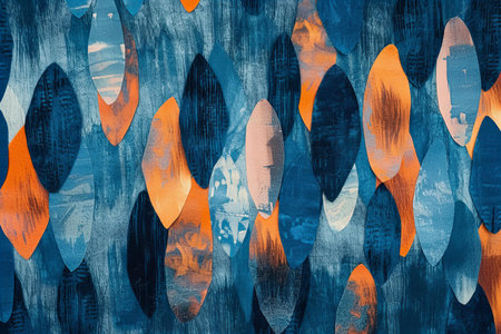 abstract background, blue, orange, brown, blue, black paint strokes on canvasの写真素材