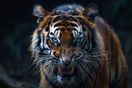 Close up of a tiger's face with angry expression on his faceの写真素材