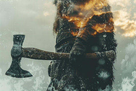 Fantasy image of a viking warrior with an ax in his hands.の写真素材