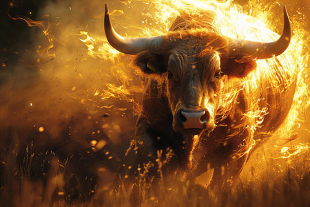 Portrait of a bull with big horns on fire background. Close-upの写真素材