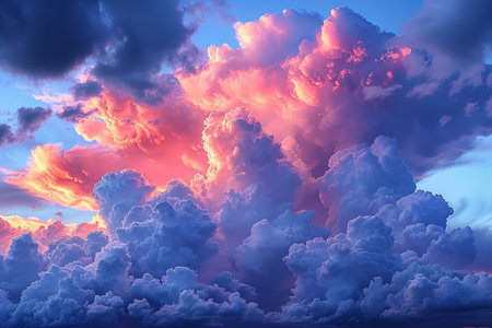 Dramatic sunset sky with cumulus clouds. 3d render