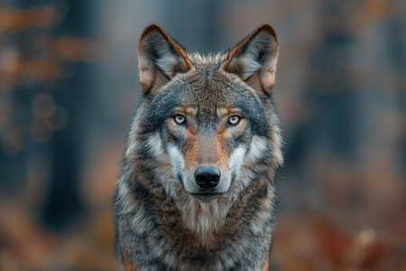 Portrait of a wolf in the autumn forest. Close-up.
