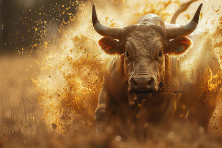 Bull in the field with splashes of water. Conceptual image.の写真素材