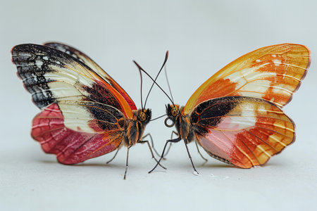 Butterfly mating on a white background, closeup of photoの写真素材