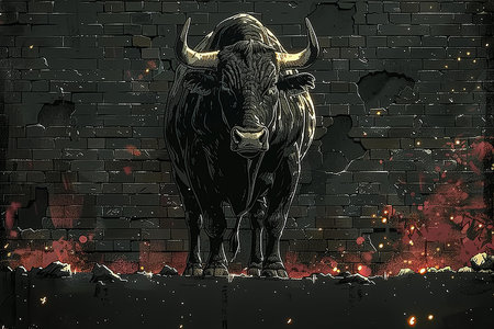 Bull head in front of a brick wall with some damage to it.の写真素材