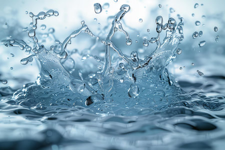 water splash macro close up isolated on blue background, abstract water backgroundの写真素材
