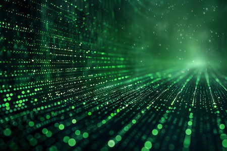 Green matrix background with glowing particles. Digital cyberspace concept. 3d rendering