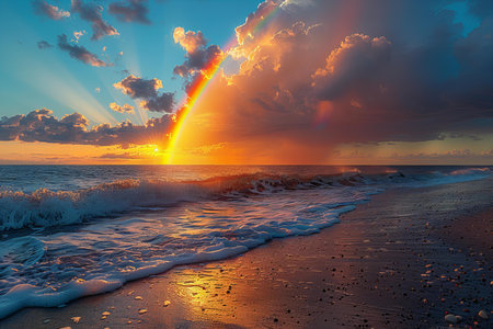 Sunset over the sea with a rainbow in the sky and cloudsの写真素材