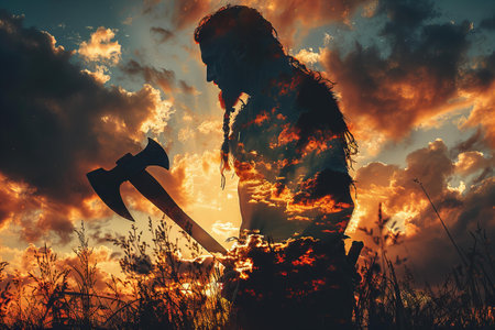 Man with an axe in the field at sunset.の写真素材