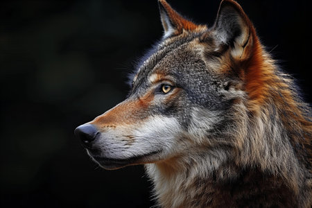 Portrait of a wolf on a dark background, close-up